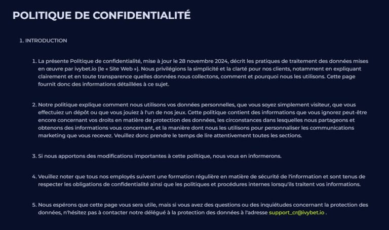 Ivybet Casino politique confidentialité